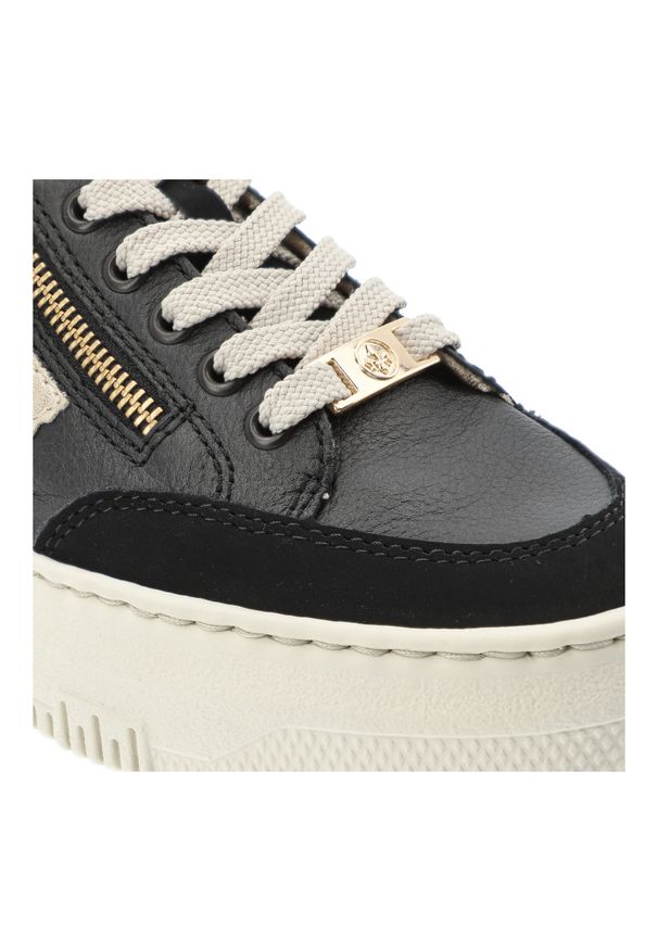 Czarne Sneakersy Rieker Stylowe Obuwie Damskie Na Platformie. Okazja: na co dzień. Zapięcie: sznurówki. Kolor: czarny. Materiał: materiał. Obcas: na platformie