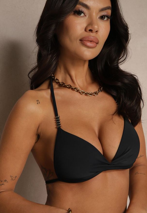 Renee - Czarne Bikini Wiązany Biustonosz Push Up i Majtki Typu Figi Mirisenia. Kolor: czarny. Wzór: aplikacja