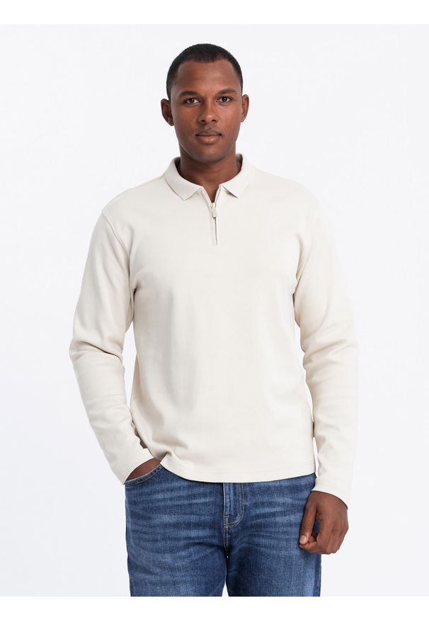 Ombre Clothing - Longsleeve męski polo z zapinanym na zamek kołnierzykiem – kremowy V3 - Rozmiar: M. Typ kołnierza: polo. Kolor: niebieski. Materiał: bawełna, skóra, materiał, dzianina. Długość rękawa: długi rękaw. Wzór: aplikacja. Styl: sportowy, elegancki