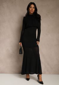 Renee - Czarna Cyrkoniowa Sukienka o Taliowanym Kroju z Bufiastą Górą i Gumką w Pasie Iwedesa. Kolor: czarny. Materiał: futro #4