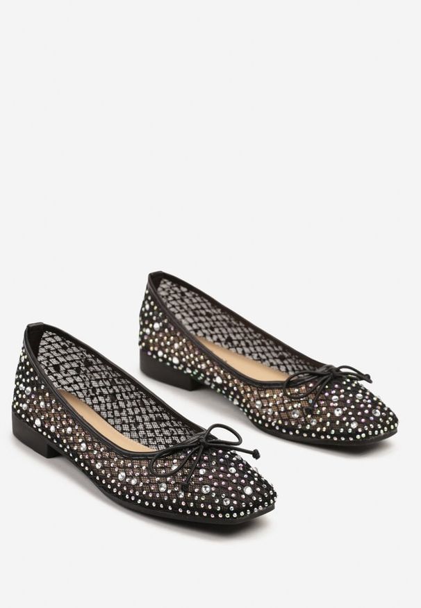 Born2be - Czarne Siateczkowe Balerinki z Kokardą i Cyrkoniami Zendexis. Okazja: na co dzień. Kolor: czarny. Wzór: aplikacja. Styl: casual