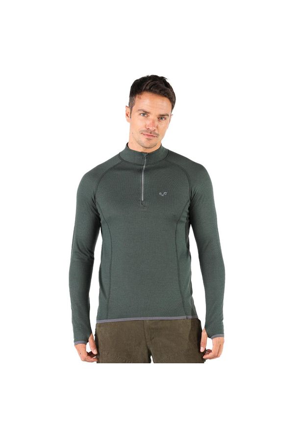 Koszulka turystyczna męska z długim rękawem 100% Merino WOOLONA Halldor. Kolor: zielony. Długość rękawa: długi rękaw. Długość: długie. Sport: turystyka piesza