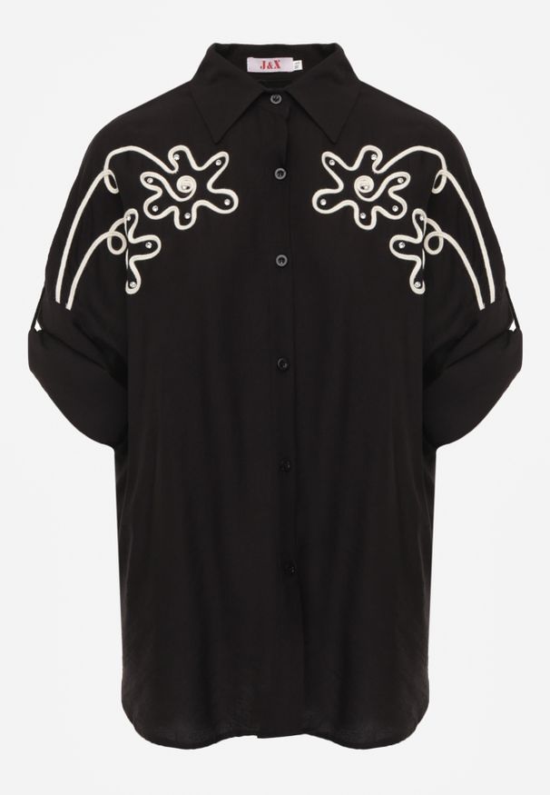 Renee - Czarna Wiskozowa Koszula Nietoperz z Regulowanymi Rękawami i Haftem Drenesh. Kolor: czarny. Materiał: wiskoza. Wzór: haft. Styl: boho