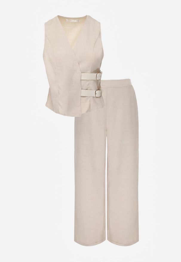 Renee - Jasnobeżowy Komplet Garniturowy Spodnie Wide Leg i Kamizelka z Paskami z Klamrami Sartora. Kolor: beżowy