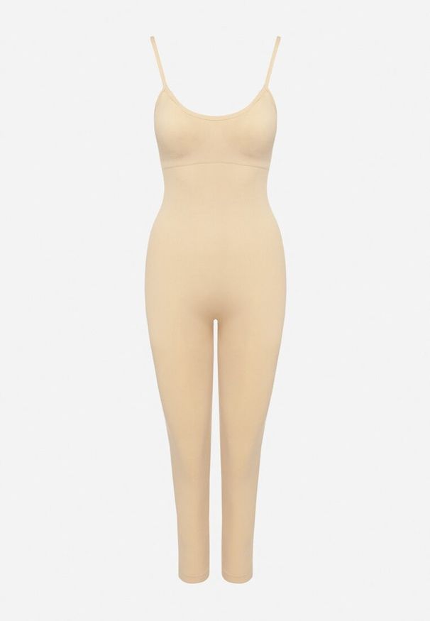 Born2be - Beżowy Kombinezon Bodycon z Cienkimi Ramiączkami Nevithas. Okazja: na co dzień. Kolor: beżowy. Materiał: jeans. Długość rękawa: na ramiączkach. Długość: długie. Styl: klasyczny, casual