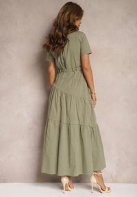 Renee - Zielona Bawełniana Sukienka o Rozkloszowana Zwężana w Talii Nenefia. Kolor: zielony. Materiał: bawełna. Sezon: lato