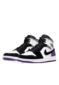 Jordan - Buty do chodzenia męskie Nike Buty Męskie 1 Mid SE. Wysokość cholewki: za kostkę. Zapięcie: sznurówki. Kolor: biały, fioletowy, wielokolorowy. Materiał: guma, syntetyk, materiał. Szerokość cholewki: normalna. Sport: turystyka piesza