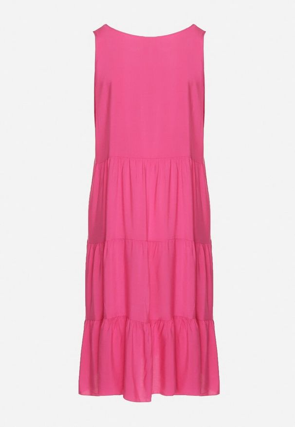 Born2be - Fuksjowa Rozkloszowana Sukienka z Bawełny na Ramiączkach Zasea. Okazja: na co dzień, na randkę. Typ kołnierza: dekolt w kształcie V. Kolor: różowy. Materiał: bawełna. Długość rękawa: na ramiączkach. Styl: casual, elegancki