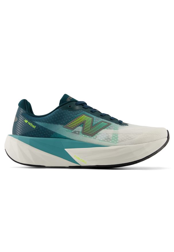 Buty męskie New Balance FuelCell Rebel v5 MFCX3HW – zielone. Kolor: zielony. Materiał: syntetyk, materiał, guma. Szerokość cholewki: normalna. Wzór: geometria. Sport: bieganie, fitness