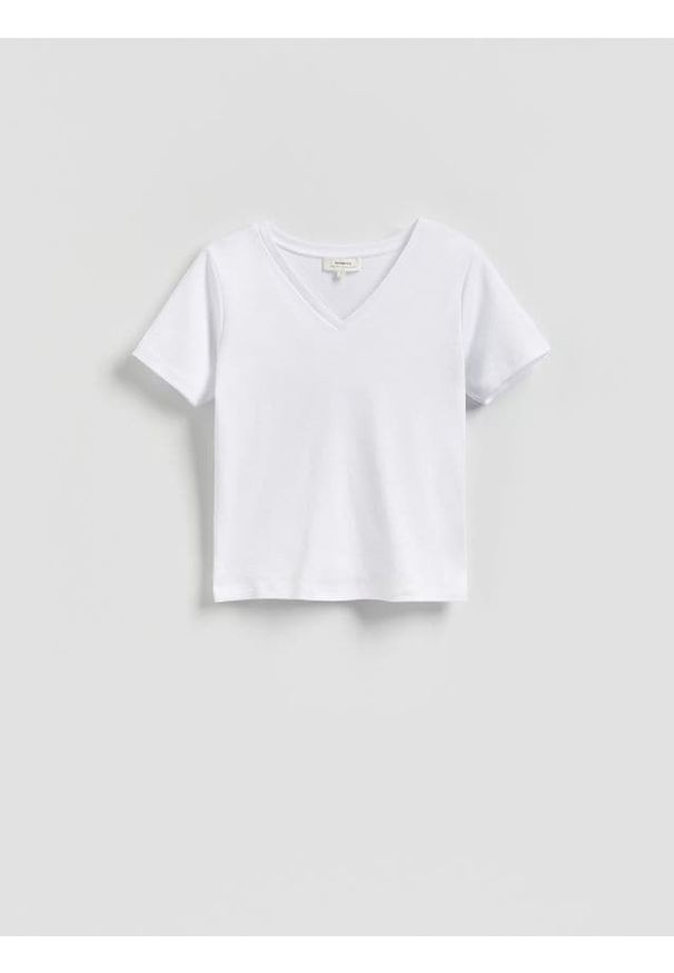 Reserved - Gładki t-shirt - biały. Kolor: biały. Materiał: dzianina, bawełna. Wzór: gładki