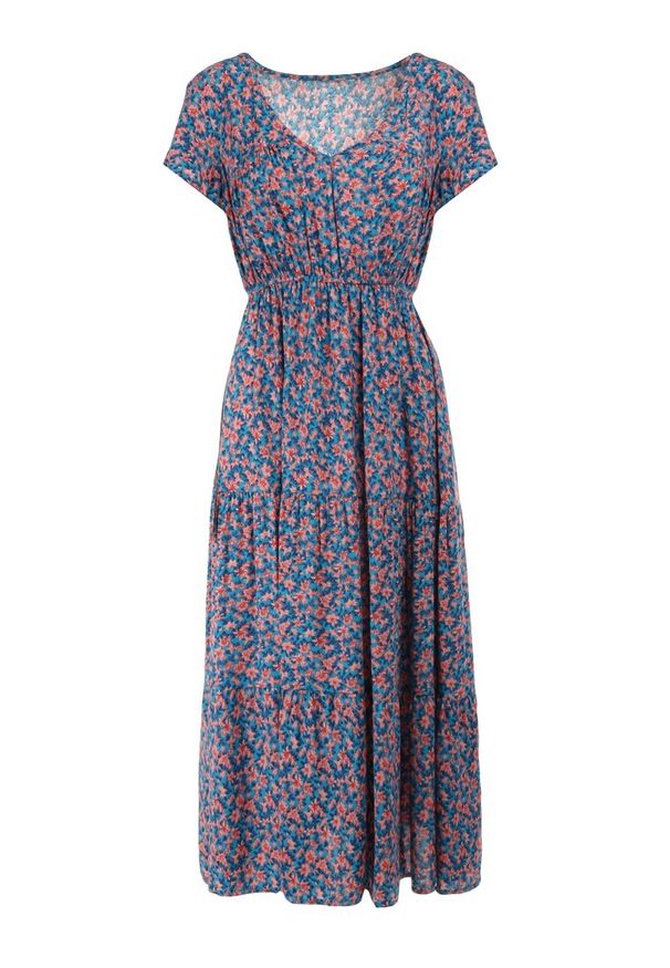 Born2be - Niebieska Sukienka Helledeia. Kolor: niebieski. Wzór: kwiaty, aplikacja. Sezon: wiosna, lato. Długość: midi