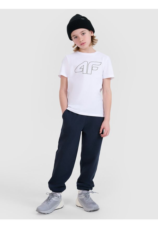 4f - 4F T-shirt z nadrukiem chłopięcy - biały 122 (6-7 lat). Okazja: na co dzień. Kolor: biały. Materiał: dzianina, bawełna, jersey. Długość rękawa: krótki rękaw. Długość: krótkie. Wzór: nadruk. Sezon: lato. Styl: klasyczny, sportowy, casual