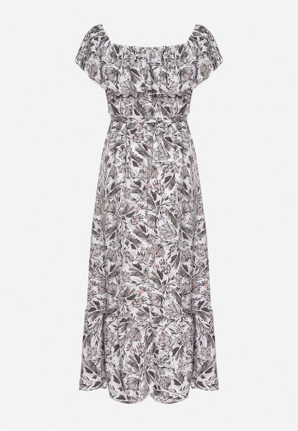 Born2be - Ciemnoszara Sukienka Hiszpanka z Bawełną w Kwiaty Mreova. Okazja: na co dzień. Typ kołnierza: dekolt hiszpanka. Kolor: szary. Materiał: bawełna. Wzór: kwiaty. Styl: elegancki, klasyczny, casual