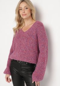 Born2be - Fioletowy Sweter z Wełną i Rozszerzanymi Rękawami Sinara. Okazja: na co dzień. Kolor: fioletowy. Materiał: wełna. Styl: klasyczny, elegancki, casual #5