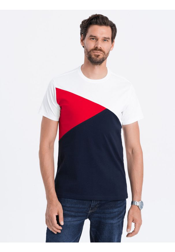 Ombre Clothing - Trójkolorowy t-shirt męski - granatowy V3. Kolor: niebieski. Materiał: bawełna