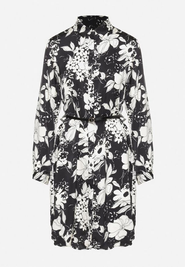 Born2be - Czarna Koszulowa Sukienka z Wiskozą w Kwiatowy Wzór z Dodatkowym Paskiem Ninira. Okazja: na co dzień, na spacer. Kolor: czarny. Materiał: wiskoza. Wzór: kwiaty. Typ sukienki: koszulowe. Styl: casual, klasyczny, elegancki