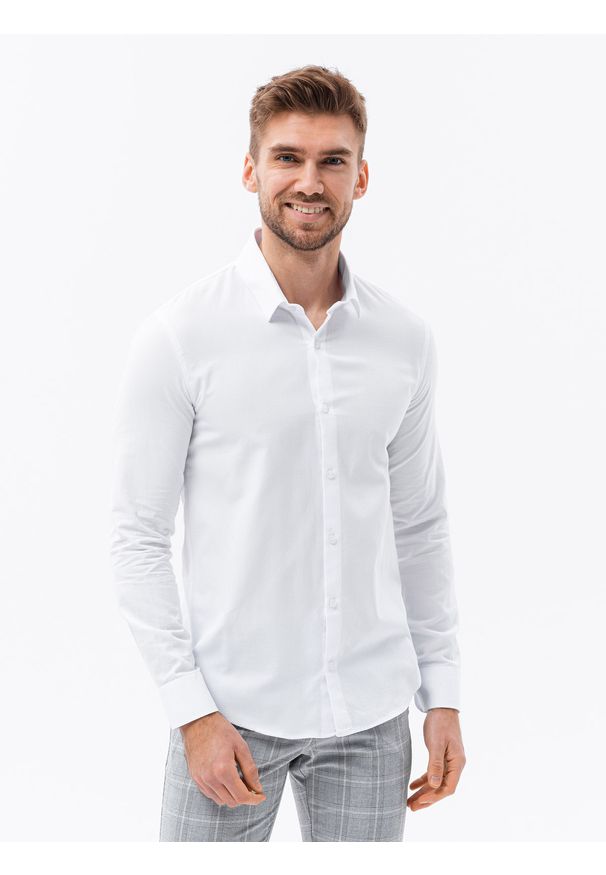 Ombre Clothing - Bawełniana koszula męska z tkaniny w stylu Oxford SLIM FIT - biała V1 K642 - XL. Kolor: biały. Materiał: bawełna, tkanina