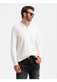 Ombre Clothing - Męski longsleeve polo z zapinanym na zamek kołnierzykiem – biały V1. Typ kołnierza: polo. Kolor: biały. Materiał: bawełna, skóra, materiał, dzianina. Długość rękawa: długi rękaw. Wzór: aplikacja. Styl: sportowy, elegancki #4