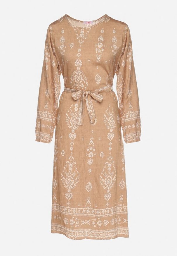 Born2be - Beżowa Sukienka we Wzory Boho Pudełkowa z Paskiem w Talii Lisanea. Okazja: na co dzień. Kolor: beżowy. Materiał: materiał. Długość rękawa: długi rękaw. Typ sukienki: w kształcie A. Styl: boho