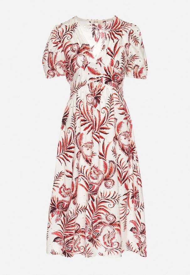 Born2be - Czerwona Rozkloszowana Sukienka z Dekoltem w Serek Zdobiona Roślinnym Wzorem Evilirae. Okazja: na spotkanie biznesowe, do pracy, na co dzień. Typ kołnierza: dekolt w serek. Kolor: czerwony. Wzór: aplikacja. Styl: casual, biznesowy