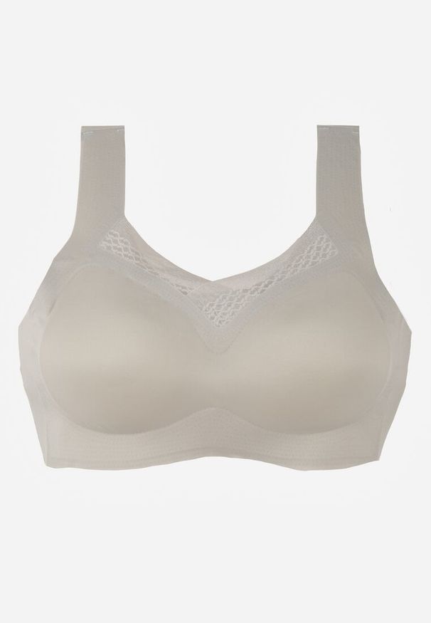 Renee - Szary Sportowy Biustonosz z Usztywnieniem Ozdobiony Siateczkową Wstawką Edalissa. Kolor: szary. Rodzaj stanika: wyciągane miseczki. Wzór: aplikacja