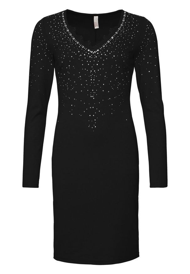 Sukienka wieczorowa z połyskującymi kamieniami bonprix czarny. Kolor: czarny. Materiał: poliester, materiał, wiskoza, elastan. Styl: wizytowy