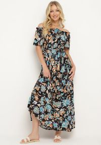 Born2be - Czarno-Niebieska Sukienka z Hiszpańskim Dekoltem z Wiązanym Paskiem w Kwiaty z Bawełny Rissanique. Okazja: na co dzień. Kolor: czarny. Materiał: bawełna. Wzór: kwiaty. Sezon: lato. Typ sukienki: rozkloszowane. Styl: elegancki, casual #1