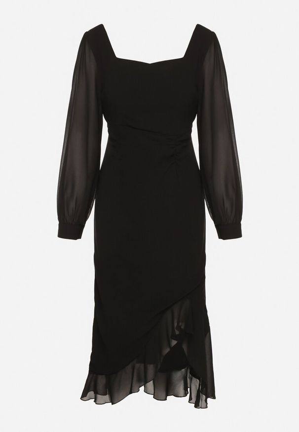 Born2be - Czarna Taliowana Sukienka VICES z Falbankami i Bufiastymi Rękawami Aruvita. Okazja: na wesele, na ślub cywilny. Typ kołnierza: kołnierz z falbankami. Kolor: czarny. Materiał: lakier. Typ sukienki: oversize. Styl: klasyczny