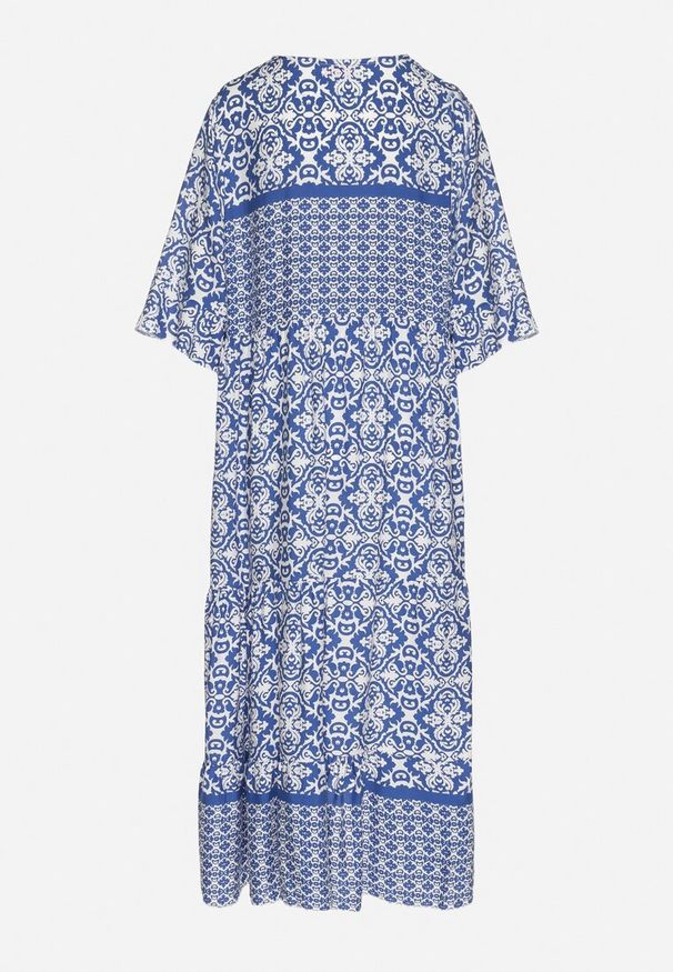 Born2be - Jasnoniebieska Bawełniana Sukienka w Stylu Boho z Wiązaniem Przy Dekolcie Orradelle. Okazja: na co dzień. Kolor: niebieski. Materiał: bawełna. Typ sukienki: proste. Styl: boho