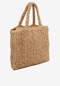 Born2be - Ciemnobeżowa Pleciona Torebka Shopperka z Napisem Odaville. Kolor: beżowy. Wzór: napisy. Styl: casual #3