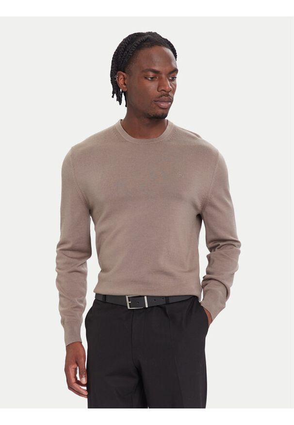 Calvin Klein Sweter LV04LB305G Beżowy Regular Fit. Kolor: beżowy. Materiał: wełna