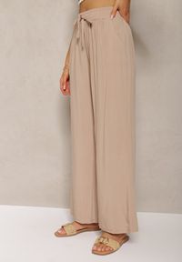 Renee - Beżowe Bawełniane Spodnie Palazzo High Waist z Gumką w Pasie Gitanea. Okazja: na co dzień. Stan: podwyższony. Kolor: beżowy. Materiał: bawełna. Sezon: lato. Styl: elegancki, casual #5