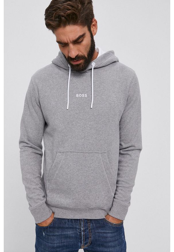 BOSS - Boss Bluza męska kolor szary z kapturem gładka. Okazja: na co dzień. Typ kołnierza: kaptur. Kolor: szary. Materiał: poliester. Wzór: gładki. Styl: casual
