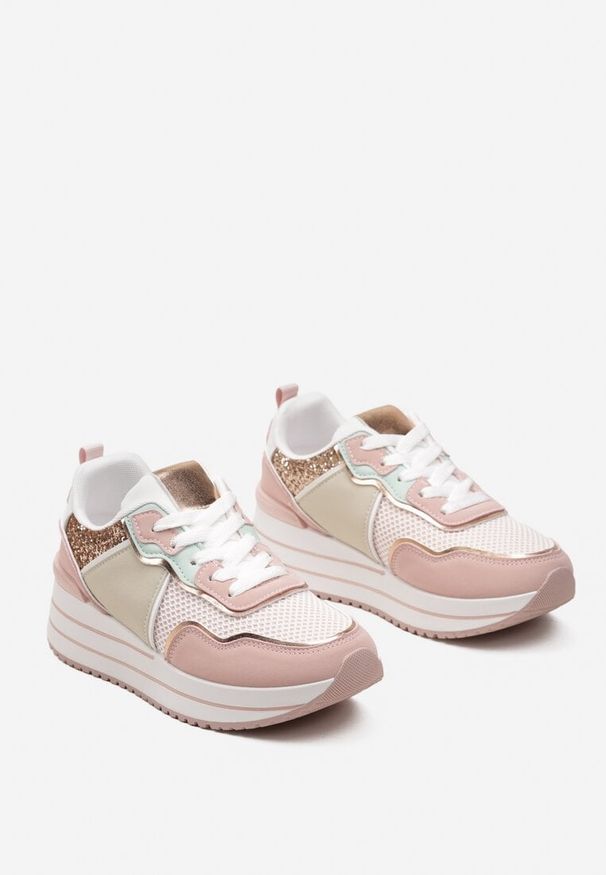 Born2be - Różowe Sneakersy na Grubej Podeszwie Ozdobione Brokatem Petasse. Okazja: na co dzień. Kolor: różowy. Wzór: aplikacja