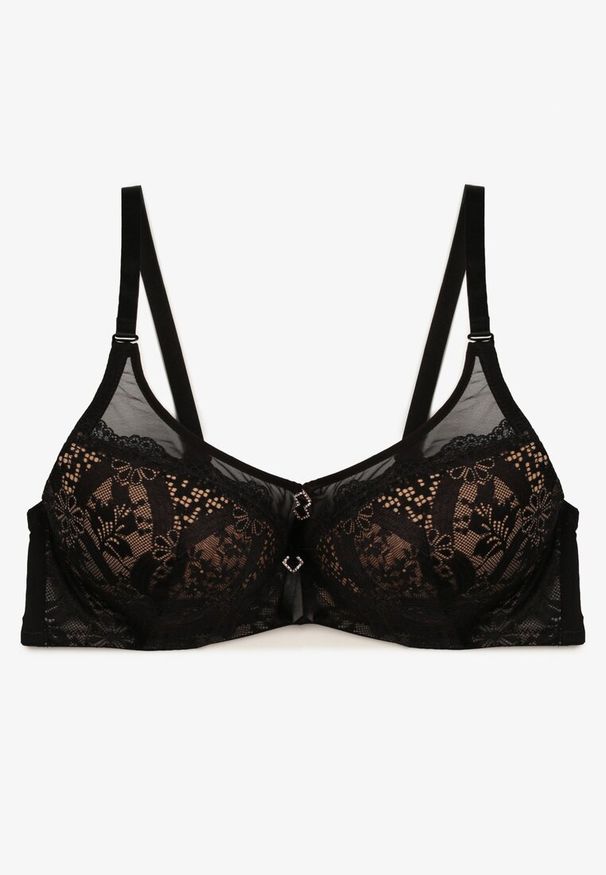Renee - Czarno-Beżowy Koronkowy Biustonosz Typu Full Cup z Metalowymi Klamerkami i Cyrkoniami Mulani. Kolor: czarny. Materiał: koronka