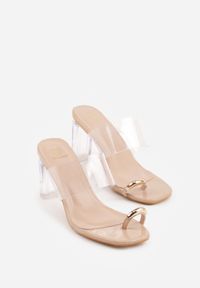 Born2be - Beżowe Klapki na Słupku z Transparentnym Paskiem i Obcasem Ryrnell. Okazja: na co dzień. Kolor: beżowy. Materiał: jeans, materiał. Obcas: na obcasie. Styl: casual, elegancki, klasyczny. Wysokość obcasa: średni #6