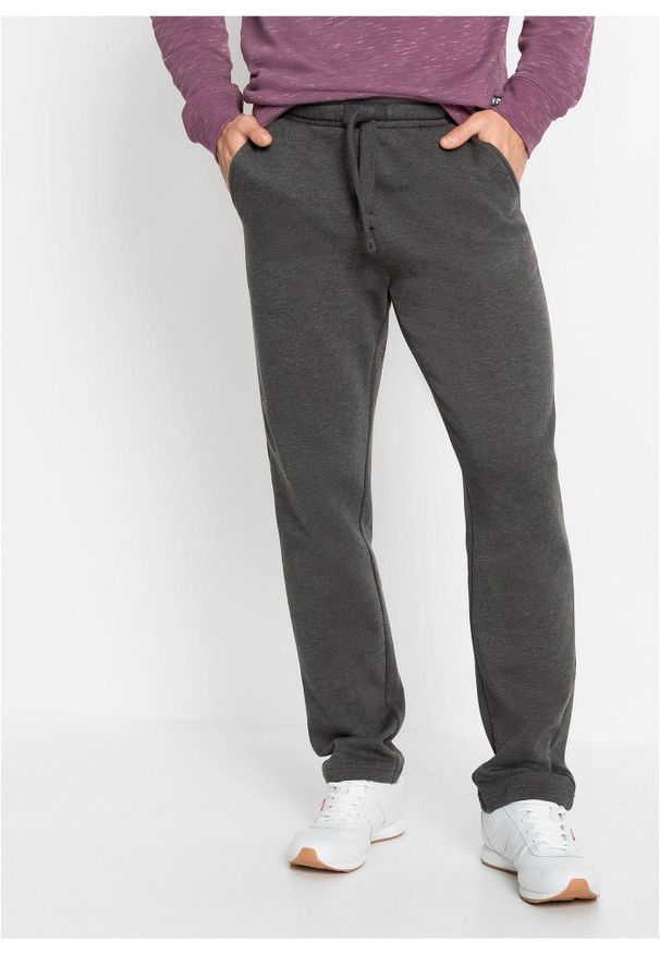 bonprix - Spodnie sportowe z miękką warstwą spodnią i równym dołem. Okazja: na co dzień. Kolor: szary. Materiał: dzianina, dresówka. Styl: sportowy