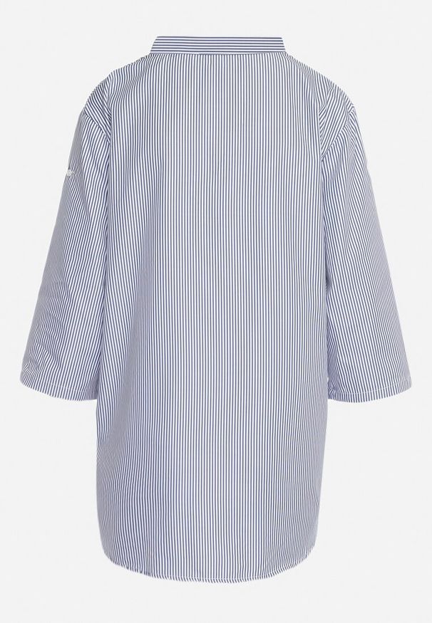 Born2be - Granatowo-Biała Bawełniana Koszula w Paski z Guziczkami i Rękawem 3/4 Biurise. Okazja: na co dzień. Kolor: niebieski. Materiał: bawełna. Wzór: paski. Styl: klasyczny, casual, elegancki