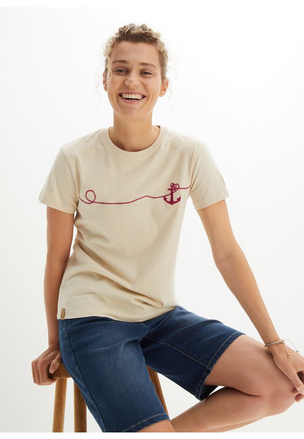 bonprix - T-shirt z haftem. Kolor: beżowy. Materiał: bawełna. Wzór: haft. Styl: klasyczny