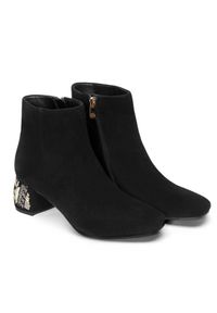 Kazar - Czarne botki damskie. Kolor: czarny. Materiał: zamsz. Wzór: haft. Obcas: na obcasie. Styl: elegancki. Wysokość obcasa: średni #4