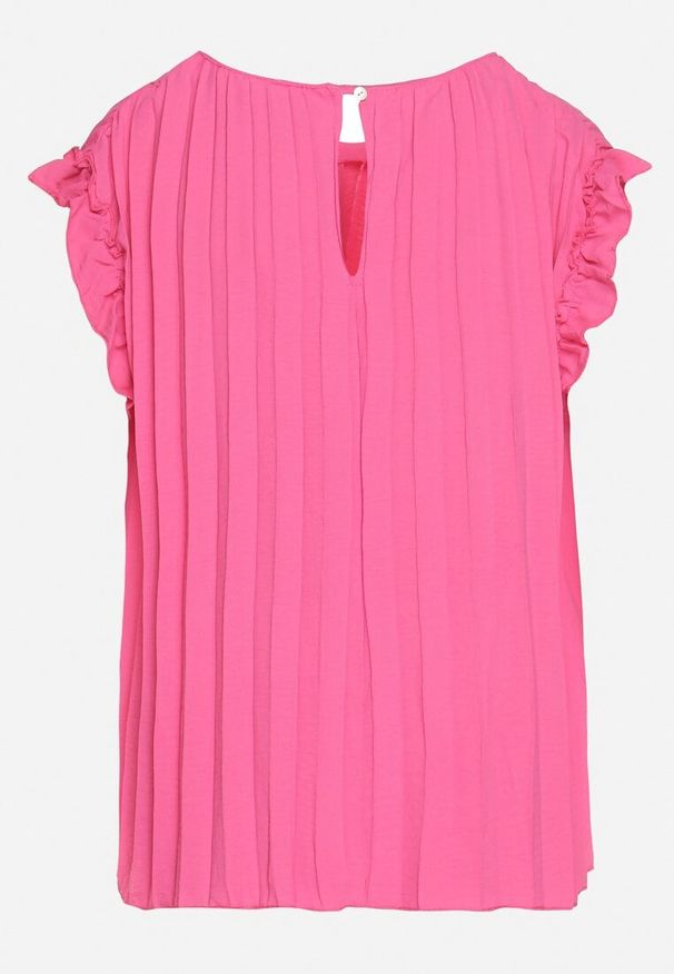 Born2be - Fuksjowy Koszulka Top Plisowany z Krótkim Rękawem Cevaga. Kolor: różowy. Materiał: bawełna. Długość rękawa: krótki rękaw. Długość: krótkie. Styl: elegancki, klasyczny