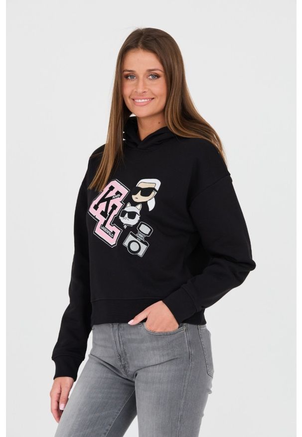 Karl Lagerfeld - KARL LAGERFELD Czarna damska bluza Ikonik, Rozmiar XS. Typ kołnierza: kaptur. Kolor: czarny