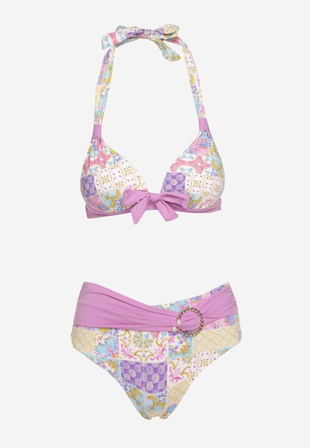 Born2be - Fioletowo-Beżowe Bikini z Ozdobnym Wzorem i Paskiem z Klamrą na Figach Uptella. Kolor: fioletowy