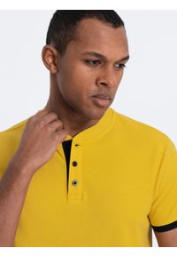 Ombre Clothing - Męska koszulka polo bez kołnierzyka - żółta V9 OM-TSCT-0156 - XXL. Typ kołnierza: bez kołnierzyka, polo. Kolor: żółty. Materiał: bawełna. Długość: długie #8