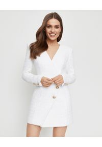 Balmain - BALMAIN - Sukienka tweedowa. Kolor: biały. Materiał: materiał. Długość rękawa: długi rękaw. Wzór: aplikacja. Długość: mini #1