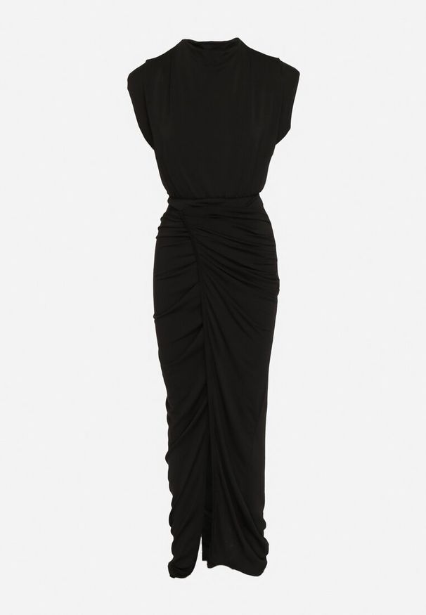 Born2be - Czarna Sukienka Maxi Dopasowana z Poduszkami w Ramionach i Rozcięciem na Boku Ocrana. Kolor: czarny. Styl: elegancki. Długość: maxi