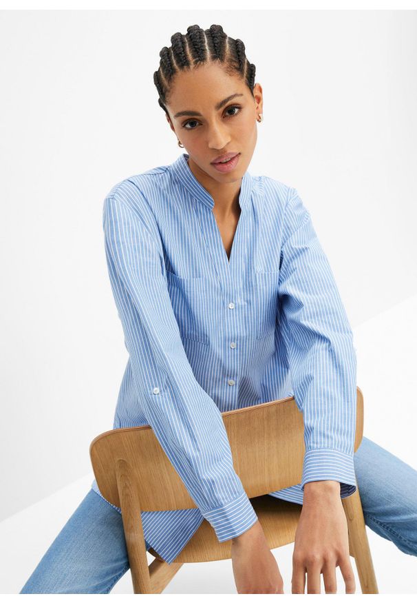 bonprix - Długa bluzka z wywijanymi rękawami. Kolor: niebieski. Długość: długie. Wzór: paski. Sezon: lato