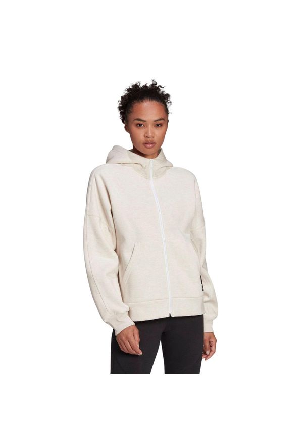 Bluza damska Adidas Sportswear Studio Lounge Fleece Hooded Full-Zip Hoodie. Kolor: beżowy. Materiał: bawełna, poliester