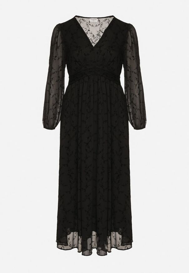 Born2be - Czarna Siateczkowa Sukienka o Rozkloszowanym Kroju z Motywem Roślinnym Fezora. Okazja: na co dzień. Kolekcja: plus size. Kolor: czarny. Materiał: poliester. Typ sukienki: rozkloszowane, dla puszystych, proste. Styl: casual, klasyczny