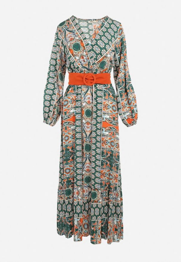 Born2be - Zielona Sukienka Rozkloszowana z Paskiem Nazene. Kolor: zielony. Materiał: tkanina, materiał. Wzór: kwiaty. Typ sukienki: kopertowe, rozkloszowane. Styl: boho, retro. Długość: maxi